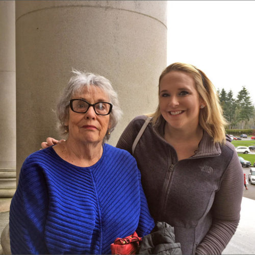 Betsy Deane and her granddaughter, Toria Staudinger, traveled to Olympia to witness Gov. Jay Inslee sign a grandparent visitation bill into law. Deane hopes to use the new law to win visitation rights to see her nine-year-old granddaughter. CREDIT: AUSTIN JENKINS / NORTHWEST NEWS NETWORK