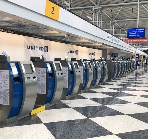 An empty terminal at Chicago's O'Hare International Airport. The normally bustling check-in at the United Airlines terminal was eerily quiet on April 24. CREDIT: David Schaper/NPR