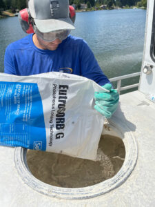 Crews mix the material lanthanum with clay. It then binds to phosphorus to sequester it deep in the lake. Phosphorus is a main driver of harmful algal blooms in Moses Lake. (Courtesy of EutroPHIX)