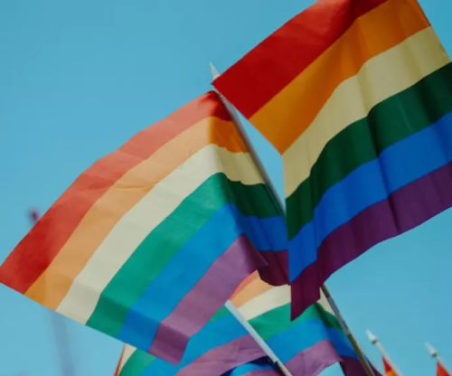 Pride flags fly in the wind against a clear blue sky