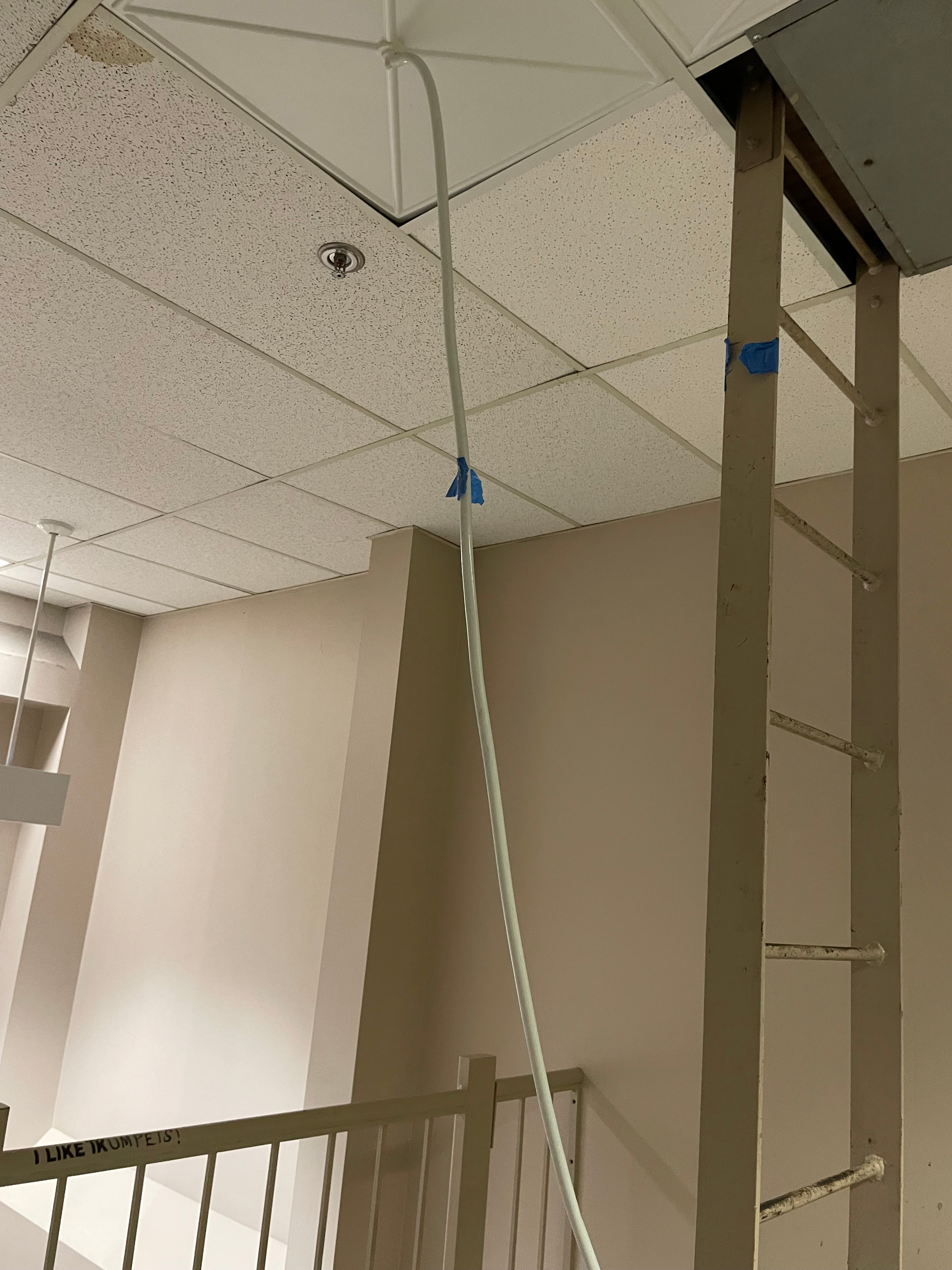 A long white hose dangles from the ceiling into buckets on the floor, according to union president Beverly Anderson the May 9 2024 photo was taken in Building 18. (Courtesy of Beverly Anderson)