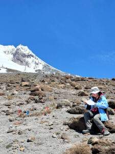 A woman in a blue jacket and gray pants sits on brown and red rocks. She is holding a piece of white paper. In the background of the photo, there is the snow summit of Mount Hood and blue skies.
