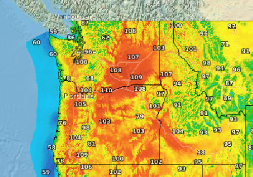 A map of Idaho, Oregon and Washington shows red and yellow zones with temperatures over 100 degrees scattered across the region.