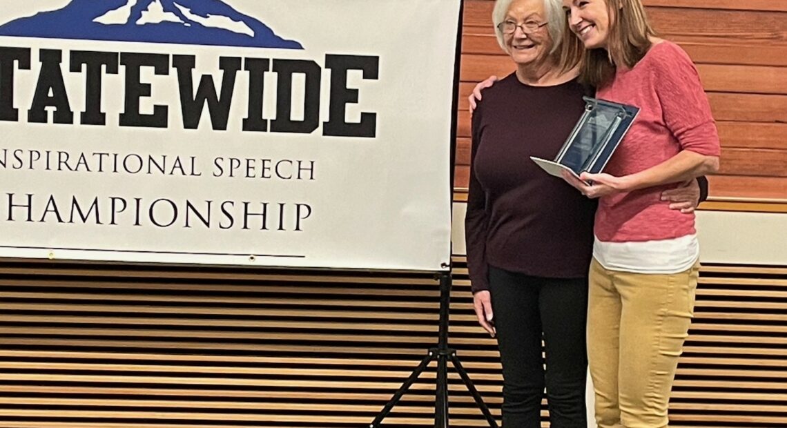 Jamie Cline, right, with her mom after Cline won first place in a statewide community college competition for inspirational public speaking on July 27. (Credit: Lucinda Grande)