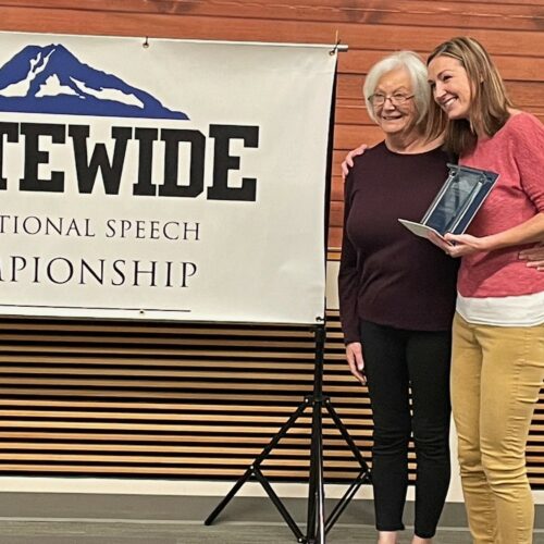 Jamie Cline, right, with her mom after Cline won first place in a statewide community college competition for inspirational public speaking on July 27. (Credit: Lucinda Grande)