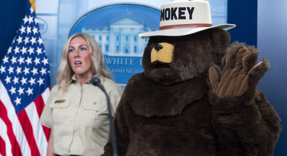 Smokey Bear stands next to a park ranger at a wooden podium next to an American flag.