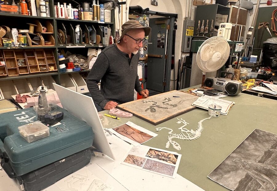 David Miller stands over his work table in the basement of the Whatcom Museum. Here he works on items for the exhibits upstairs, as well as his work as a scientific illustrator. (Credit: Lauren Gallup / NWPB)