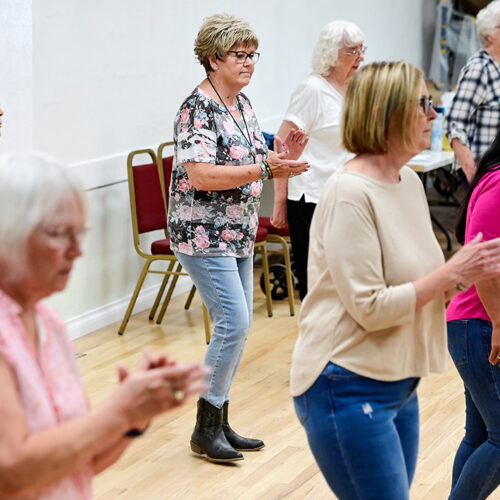 Seven people, divided into two lines, practice a line dance routine.