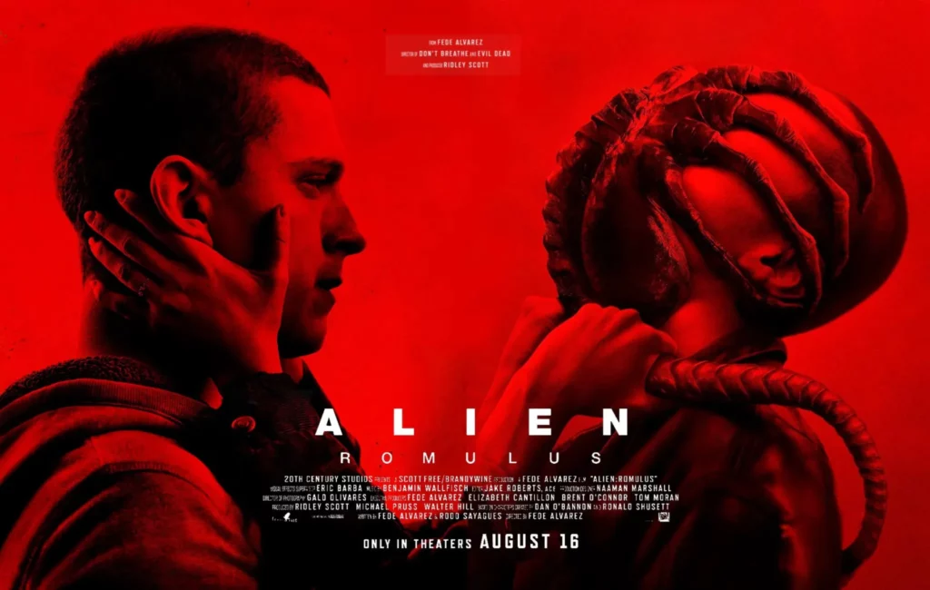 Movie poster of Alien Romulus movie. Red with scorpion like creature on a person's face.