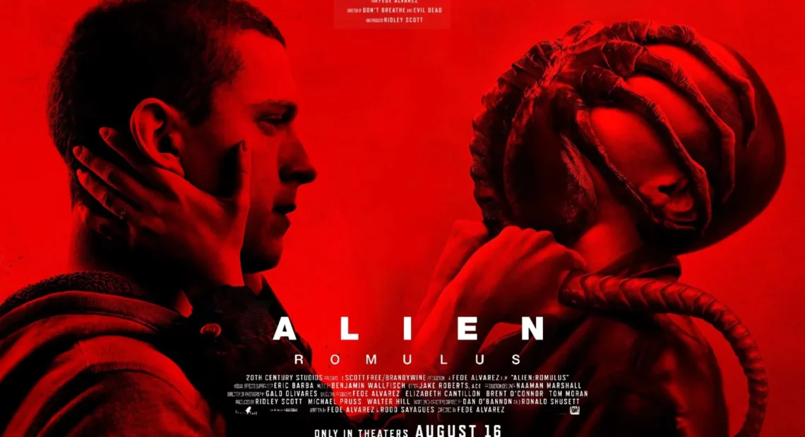 Movie poster of Alien Romulus movie. Red with scorpion like creature on a person's face.