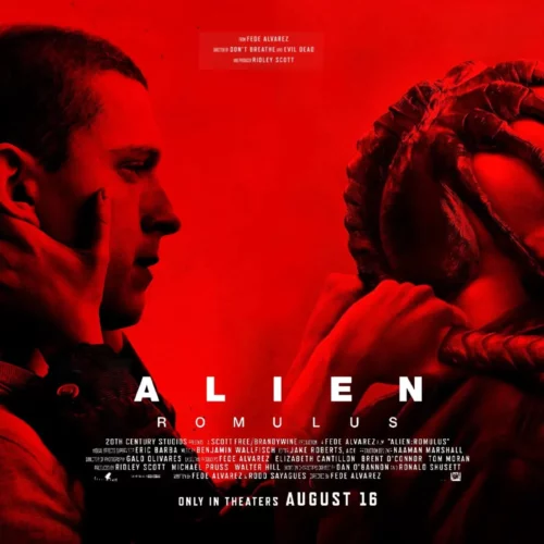 Movie poster of Alien Romulus movie. Red with scorpion like creature on a person's face.