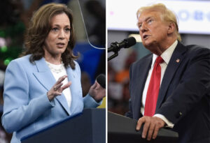 A combination of photos shows Vice President Kamala Harris on the left and former President Donald Trump on the right.