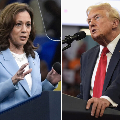 A combination of photos shows Vice President Kamala Harris on the left and former President Donald Trump on the right.