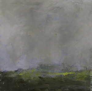 A painting with a dark grey sky. The bottom third of the painting is light green and brown, like the ground.