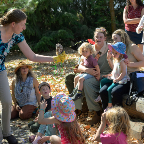 A woman wearing a blue shirt holds a small owl on her forearm. A group of children and their families are gathered around her, looking at the owl.