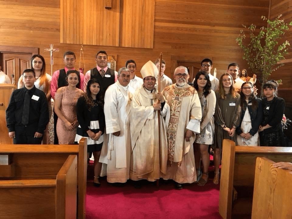 Bishop Joseph Tyson with youth at their confirmation in White Salmon, Wash. 