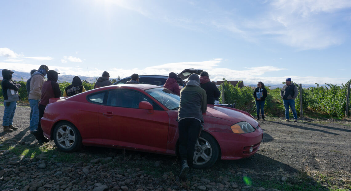 Vineyard workers lean against a red car