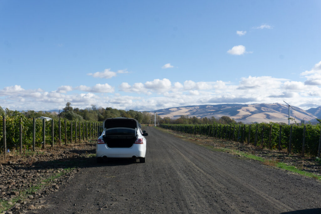 A white car on a dirt road with brown mountains in the background