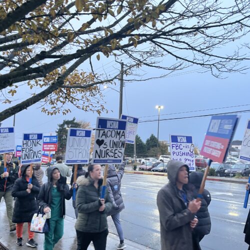 Nurses picket outside St. Joseph Medical Center on Nov. 1 as they push for a contract that addresses their safety and staffing concerns. (Credit: Lauren Gallup / NWPB)