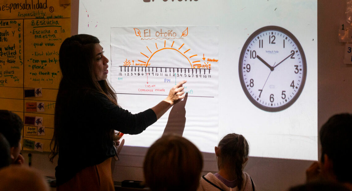 A woman stands at projector screen. An image of a clock and words in Spanish are projected on the screen.