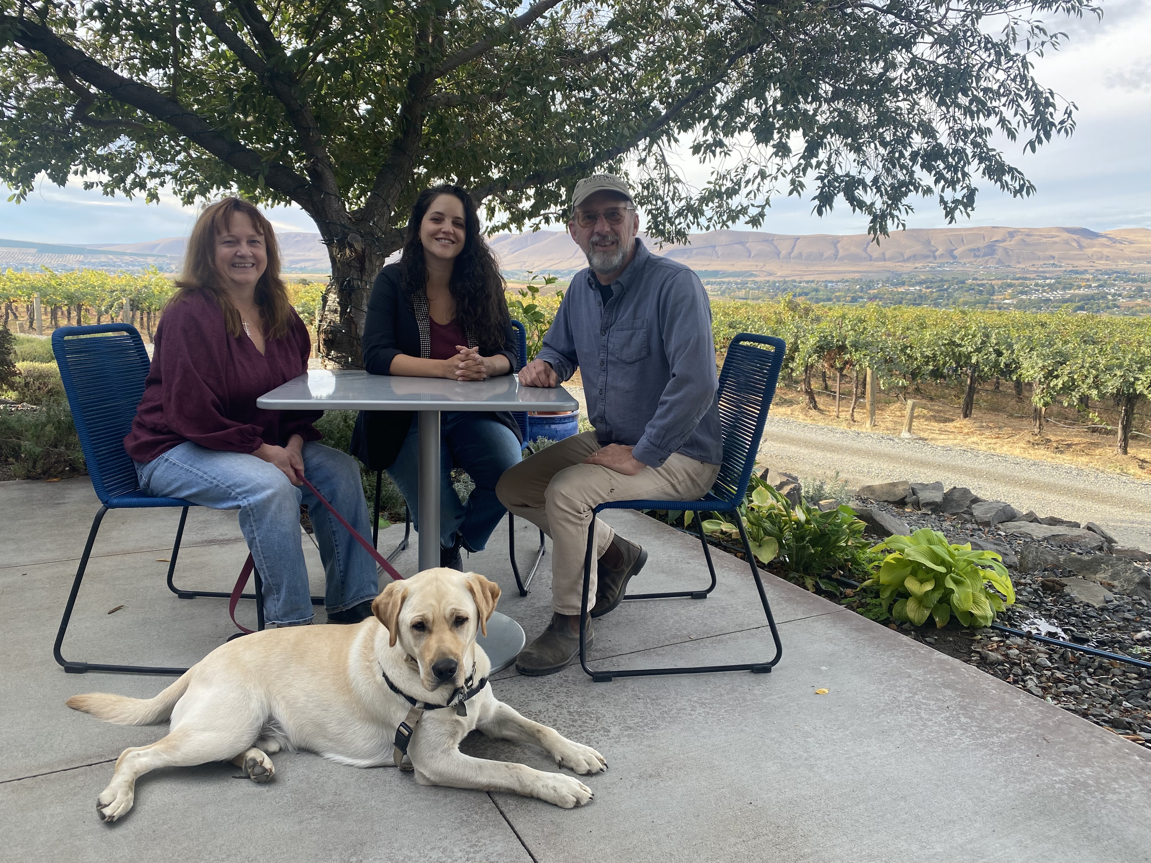 Tim and Kelly Hightower sit with Janet Krupin at Hightower Cellars on Red Mountain, which was featured in “Sunset Road.” 