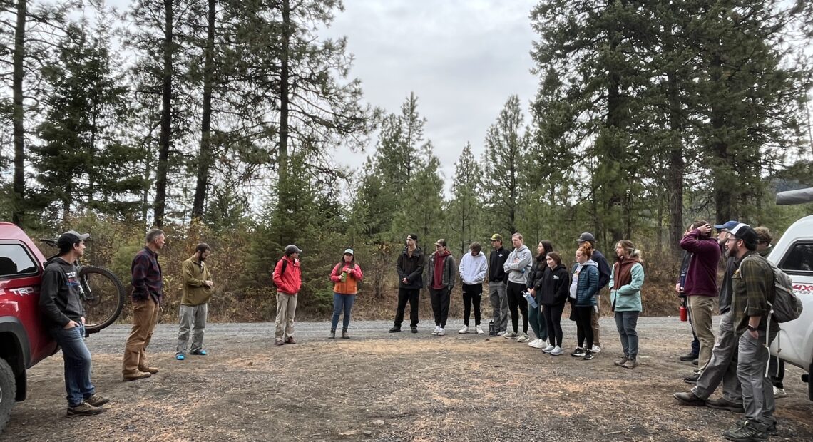 A group of people are gathered in a semi-circle in a forest.