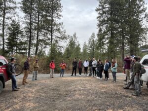 A group of people are gathered in a semi-circle in a forest.