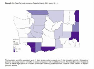 A infographic displays incidence rates of pertussis by county in Washington state.