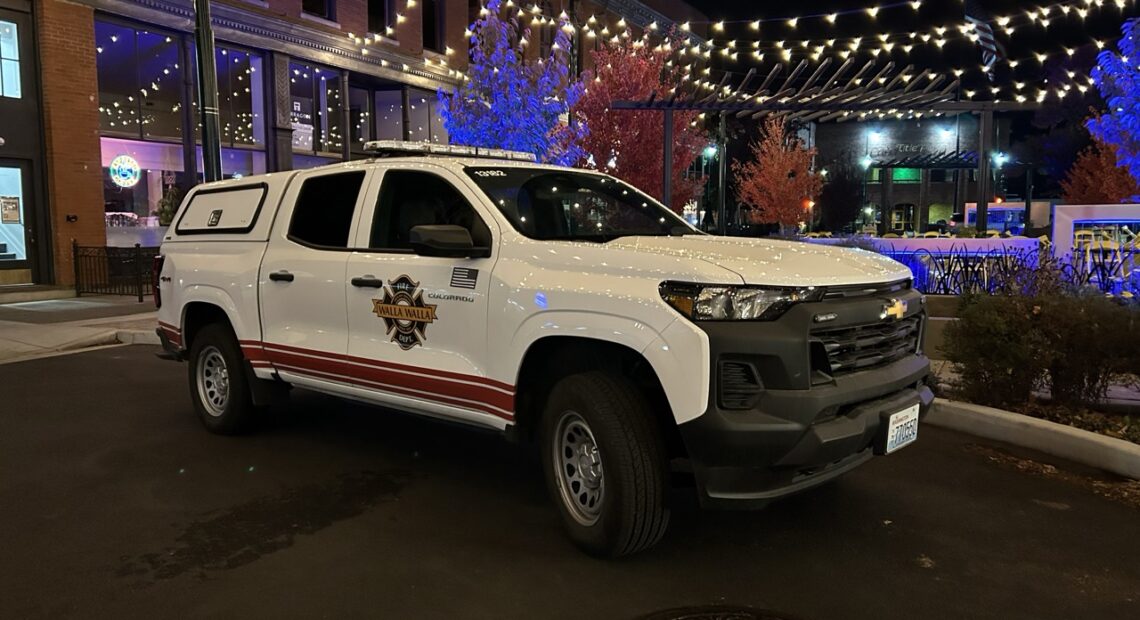 A white truck in front of Christmas lights.