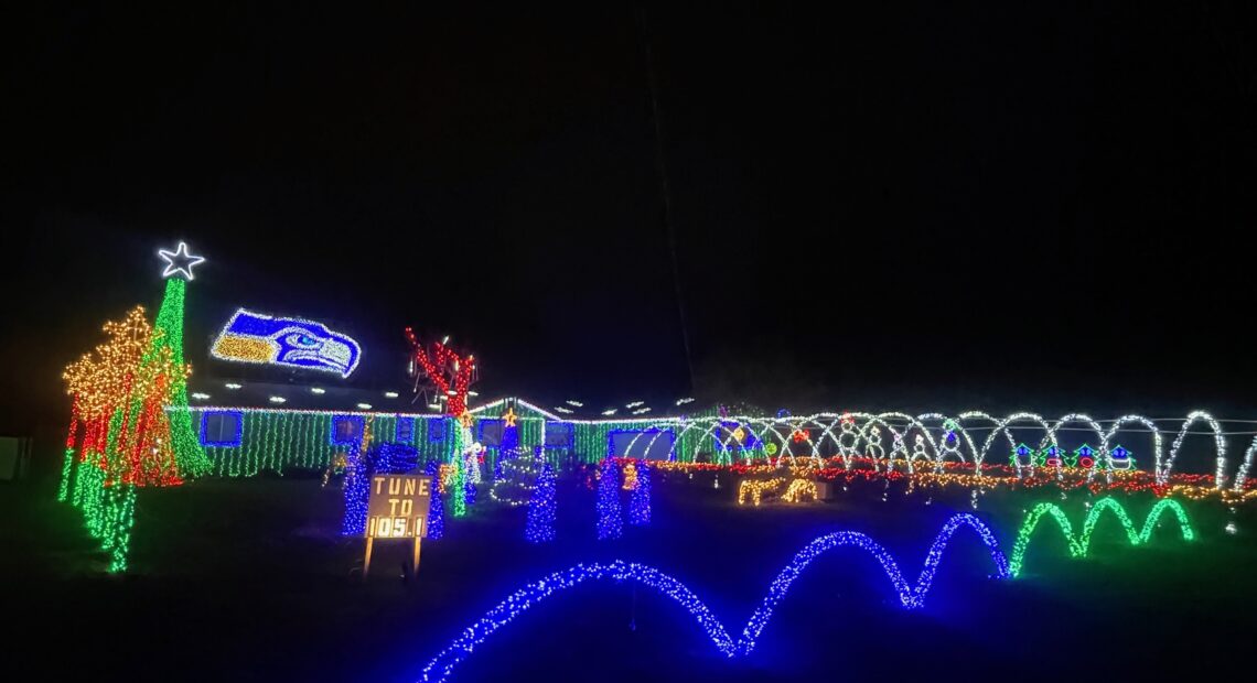 A bunch of bright Christmas lights in red, green, white and blue.