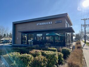 The outside of a Starbucks store in Tacoma, Washington on Jan. 28, 2025. Not all Starbucks employees have unionized, but workers at over 500 stores have. (Credit: Lauren Gallup // NWPB)