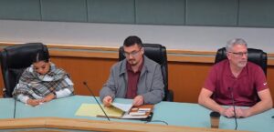 Sunnyside Councilmembers. From left to right: Council member for District 3 Vicky Frausto, Vice Mayor Jorge Galván, and Mayor Dean Broersma, during the press conference held on January 27, 2025.