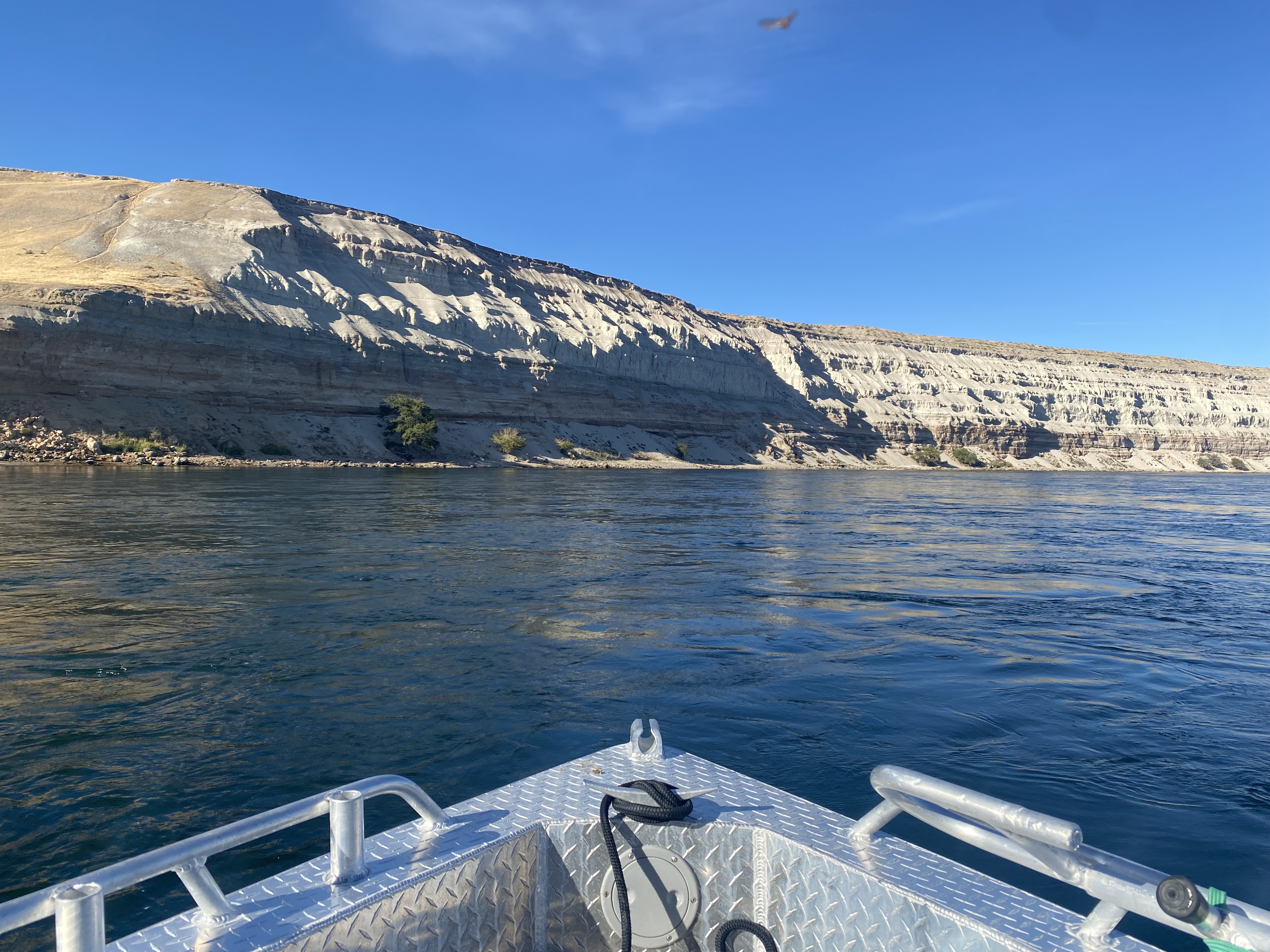 The White Bluffs geologic formation in the distance from the Columbia River near the Hanford site.