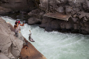 A fisherman stands on a wooden platform above a river with lots of rapids. The fisherman is holding a net. In the net, there is a very large salmon.