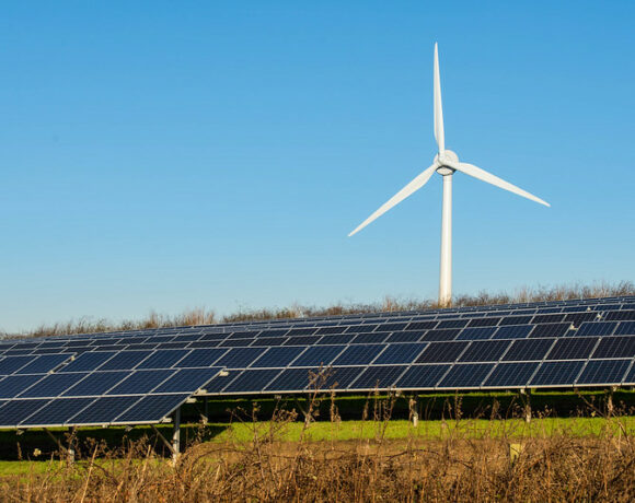 A field of solar panels is in the bottom third of the picture. The solar panels sit on top of green-ish, brown-ish grass. There is a single, white wind turbine behind the solar panels. The sky is a light blue.