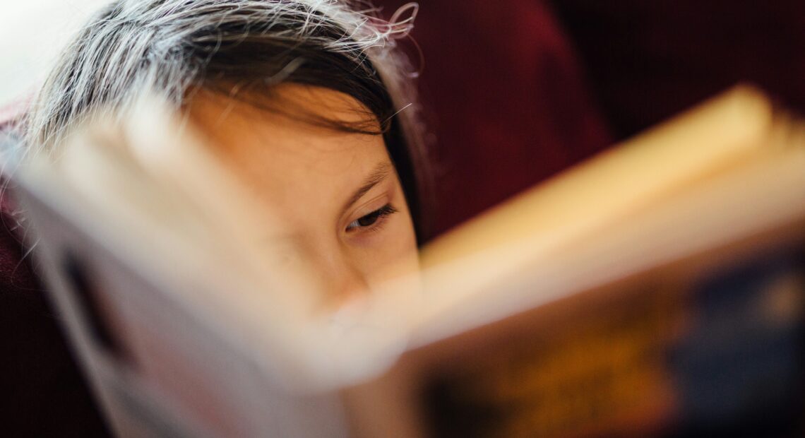 A young child with brown hair holds open a book in a way that obscures most of their face.