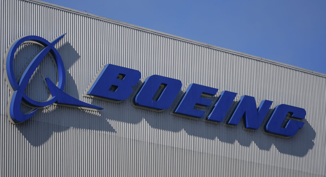 The Boeing logo, displayed outside the company's factory in Renton, Washington.