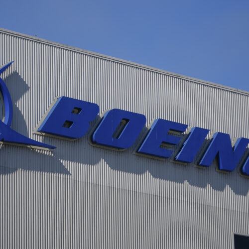 The Boeing logo, displayed outside the company's factory in Renton, Washington.