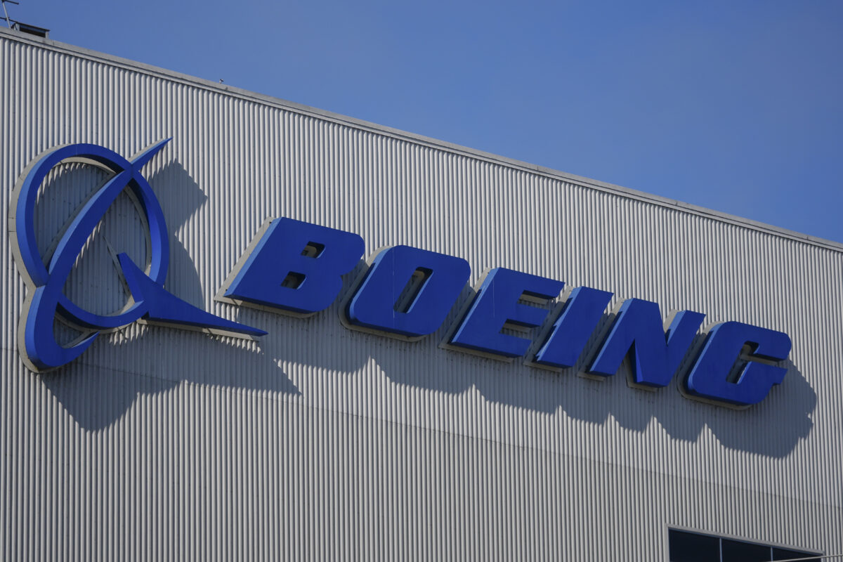 The Boeing logo, displayed outside the company's factory in Renton, Washington.