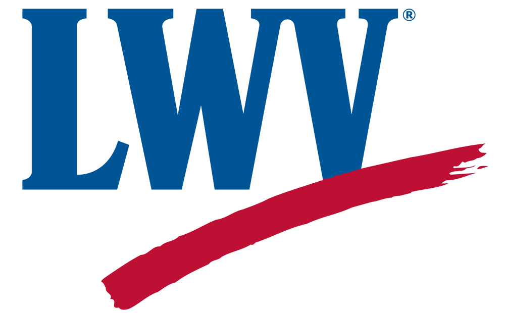 Logo of the League of Women Voters with blue font and red underline.