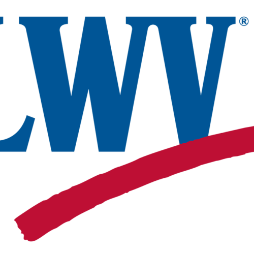 Logo of the League of Women Voters with blue font and red underline.