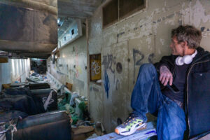 A man looks into an abandoned rail car