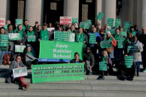 Members of the Washington Federation of State Employees and supporters gather at Washington's capitol to show their opposition to the closure of Rainier School in Buckley. There are over 400 union-represented employees at the center. Courtesy of the Washington Federation of State Employees.