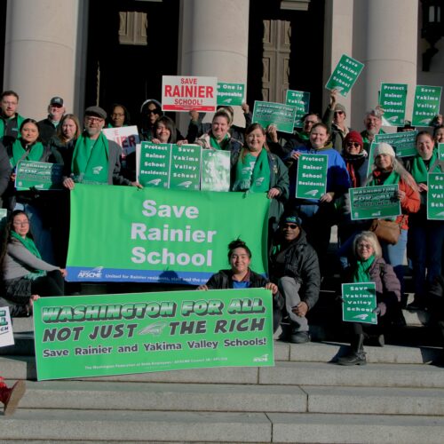 Members of the Washington Federation of State Employees and supporters gather at Washington's capitol to show their opposition to the closure of Rainier School in Buckley. There are over 400 union-represented employees at the center. Courtesy of the Washington Federation of State Employees.