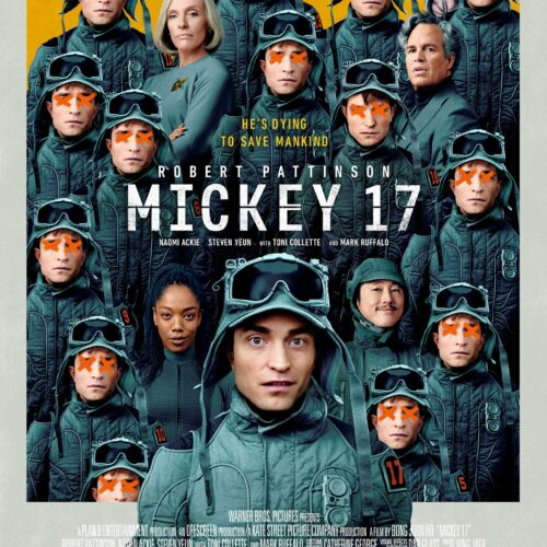 Several soldier looking people in blue grey uniforms crowd a poster for the movie Mickey 17.